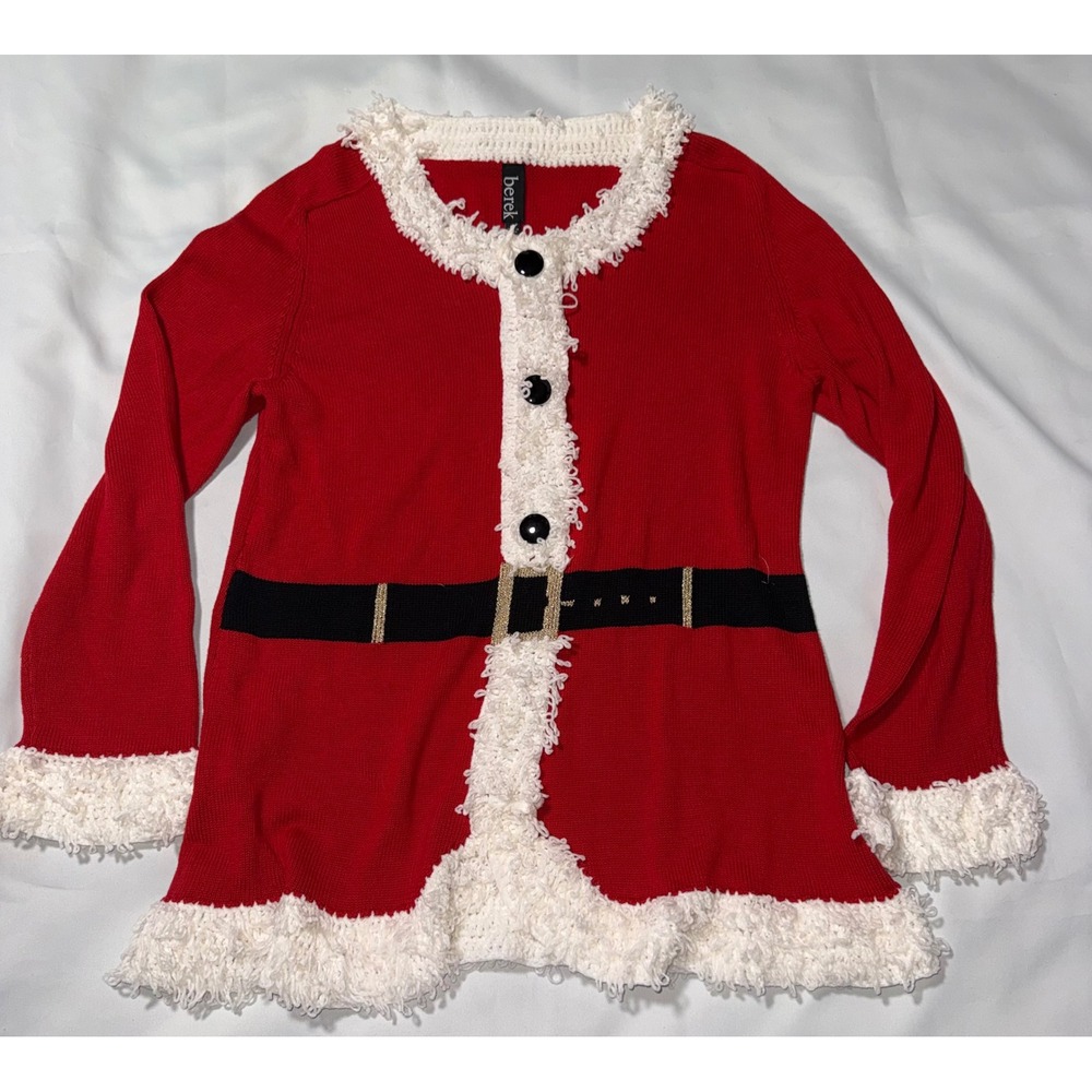 Berek Santa Claus Christmas Cardigan Sweater Red White Faux Fur Trim Women Large